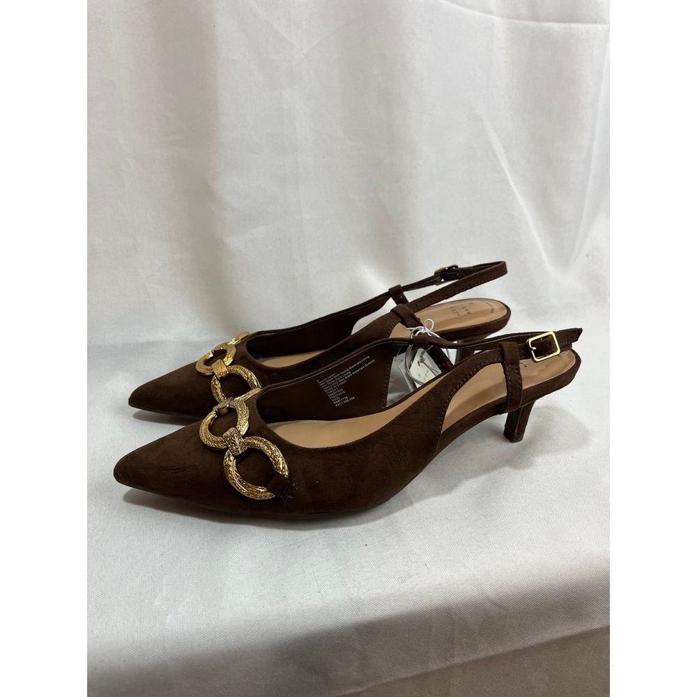 A New Day Women Brown Faux Suede Chain Link Pointed Toe Slingback Kitten Heels 8